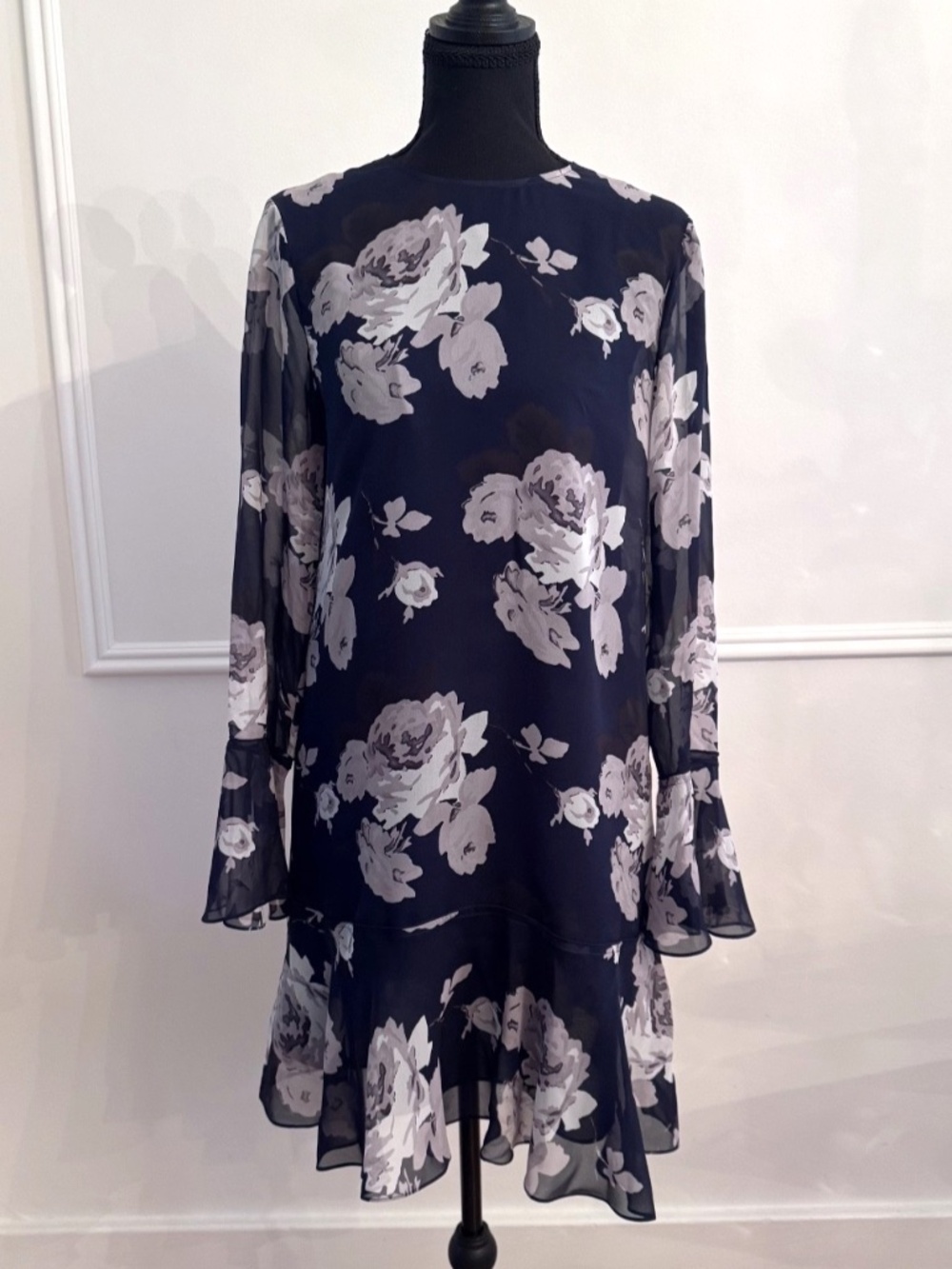 NWT Theory Marah Floral Chiffon Mini Dress 4 Blue Bell Sleeve Silk Lined